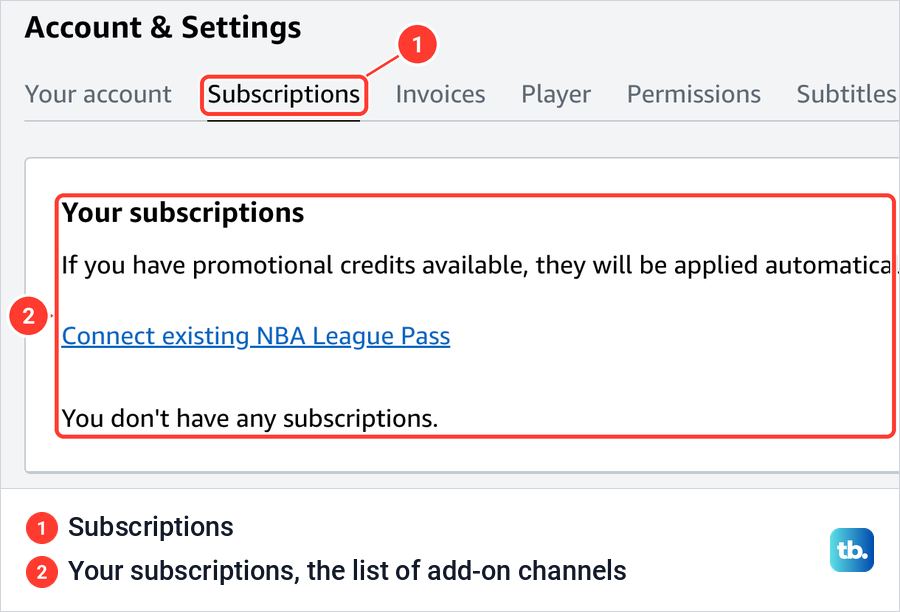 Prime Video Account and Settings on the Subscriptions tab, the page where add-on channels are listed.