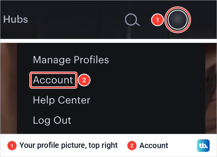 Hulu website profile menu opened from the profile picture, with Account marked between Manage Profiles and Help Center.