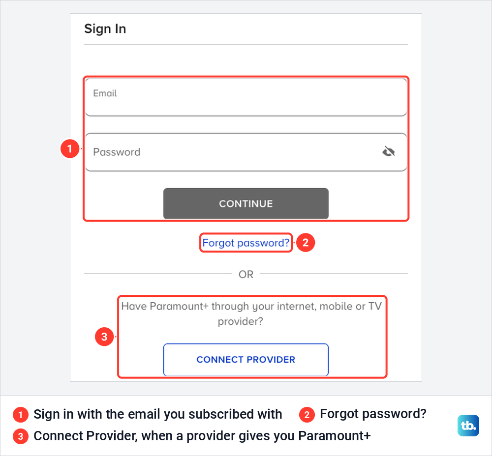 The Paramount Plus Sign In page with email and password fields, Forgot password and the Connect Provider button.