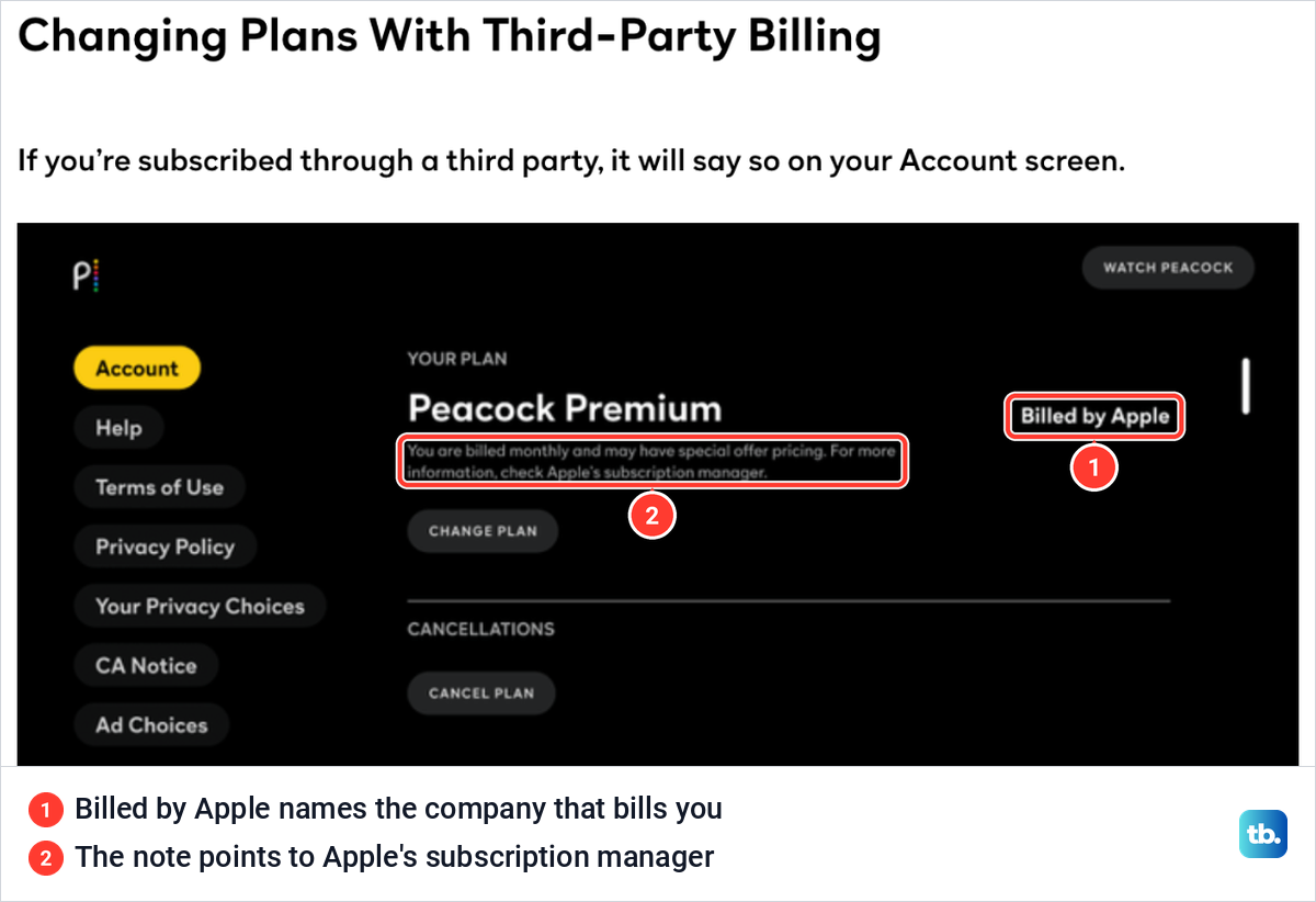 Peacock's own picture of the Account screen in its app on an Apple device, with Billed by Apple next to the plan.