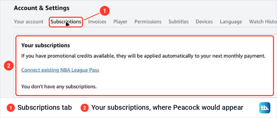 Prime Video Account and Settings on the Subscriptions tab, the list where a Peacock subscription bought in Prime Video appears.