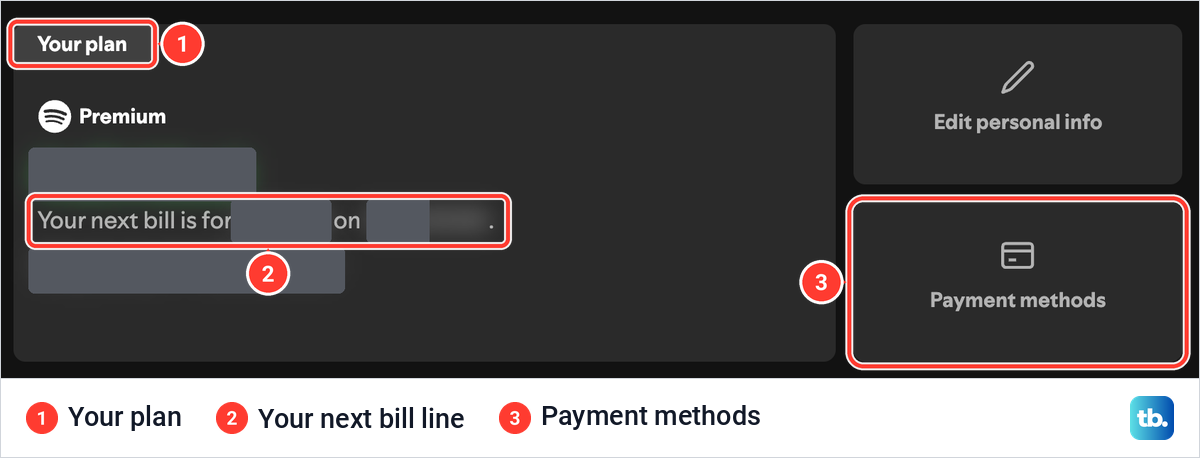 Spotify's account overview with the Your plan card for Premium, the next bill line and the Payment methods tile.