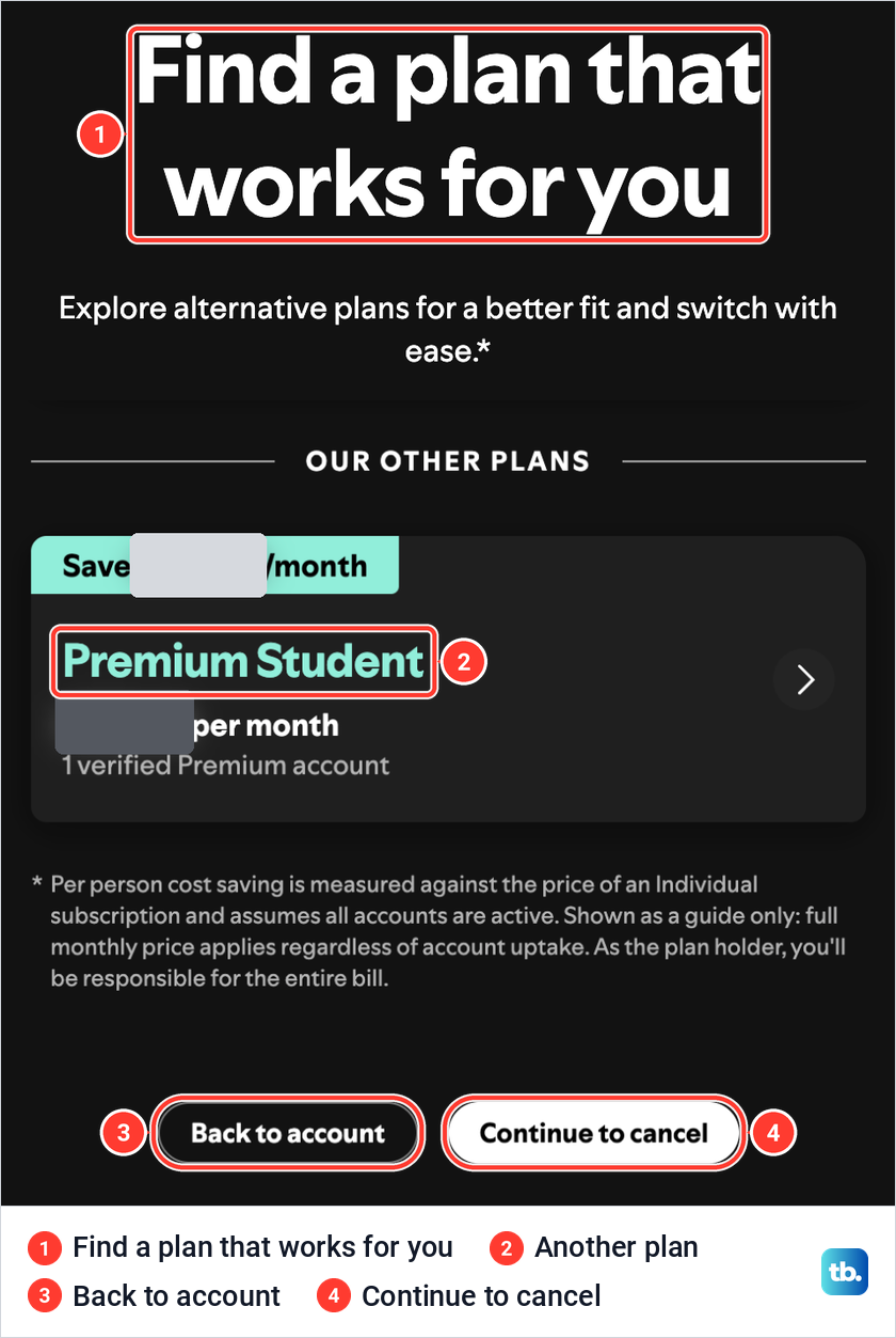 Spotify's Find a plan that works for you screen with a Premium Student card and the second Continue to cancel button.