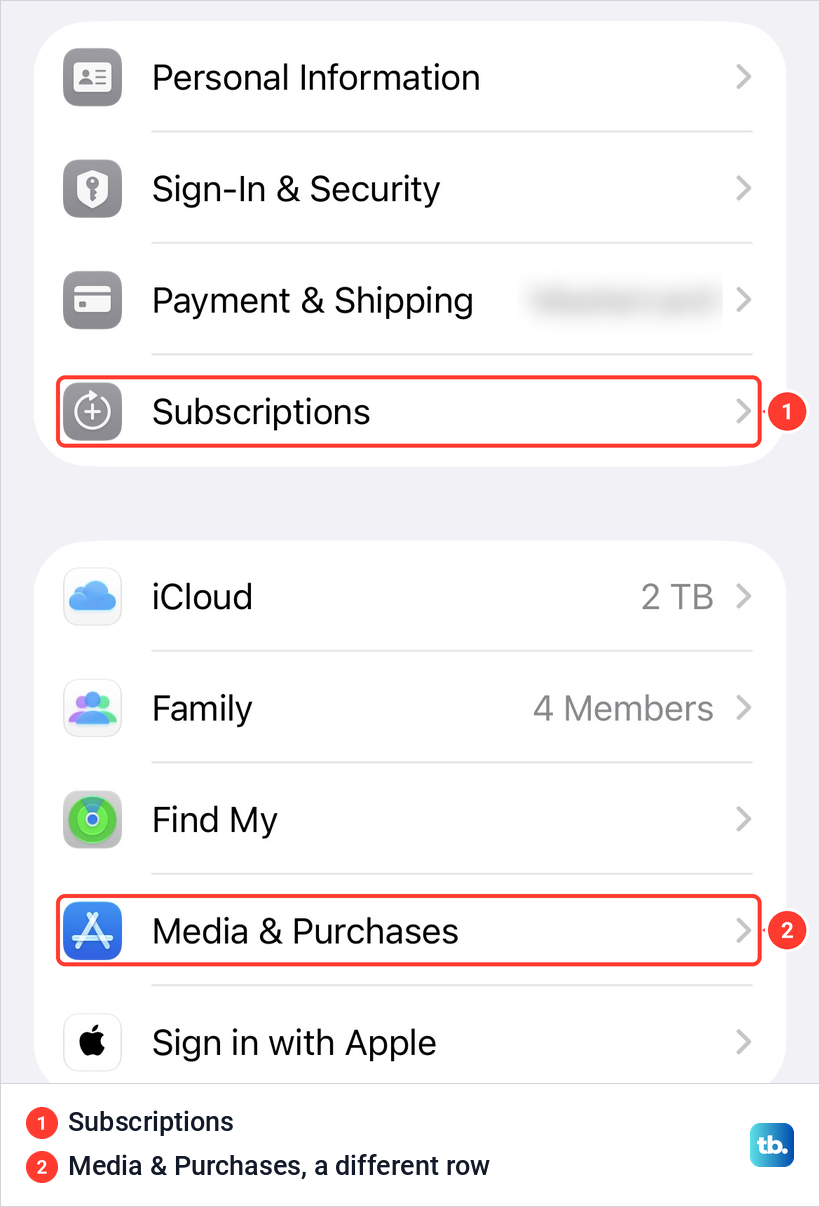 The Apple Account page in iPhone Settings with the Subscriptions row and the Media and Purchases row outlined.