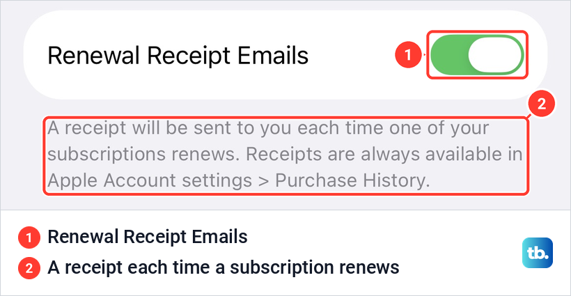The Renewal Receipt Emails switch on the iPhone Subscriptions list with its note about receipts.