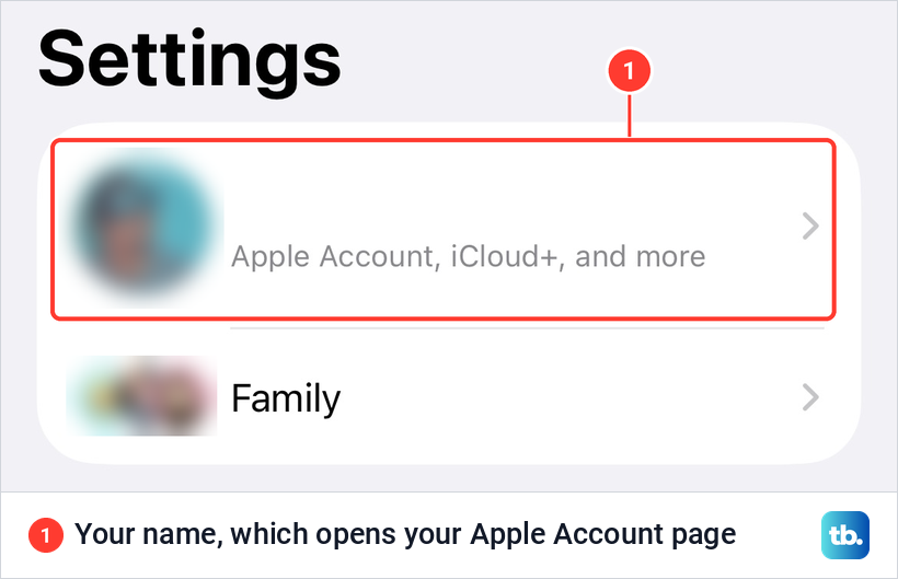 The top of iPhone Settings with the name row, which reads Apple Account, iCloud+, and more, outlined.