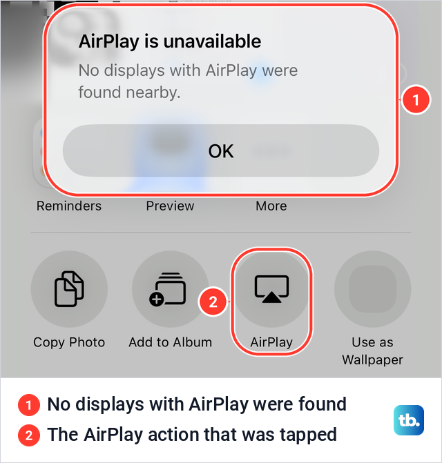 iPhone alert reading AirPlay is unavailable because no displays with AirPlay were found nearby.
