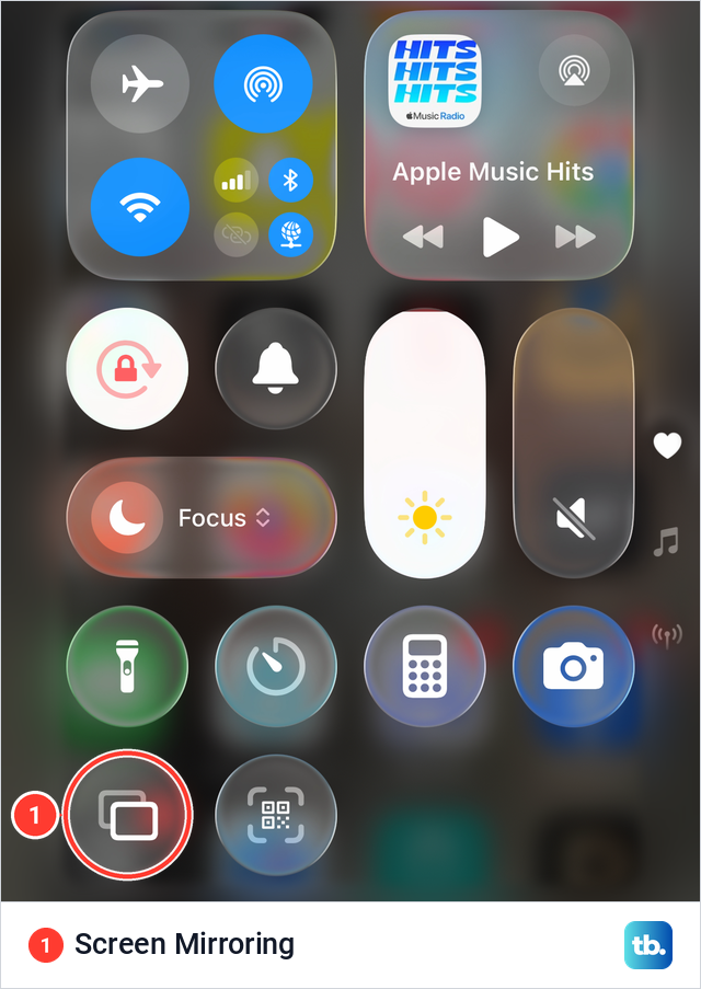 iPhone Control Center with the Screen Mirroring button in the bottom row next to Scan Code.