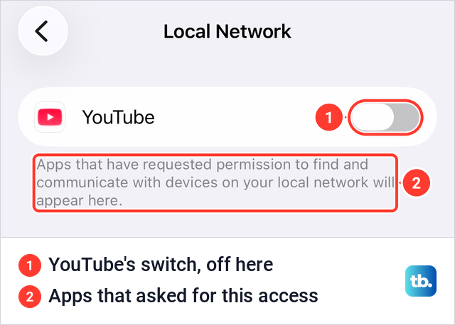 iPhone Local Network privacy settings with a YouTube switch turned off and Apple's explanation below.