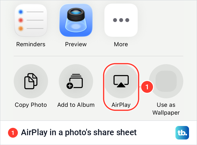 iPhone share sheet for a photo with the AirPlay action next to Copy Photo and Add to Album.