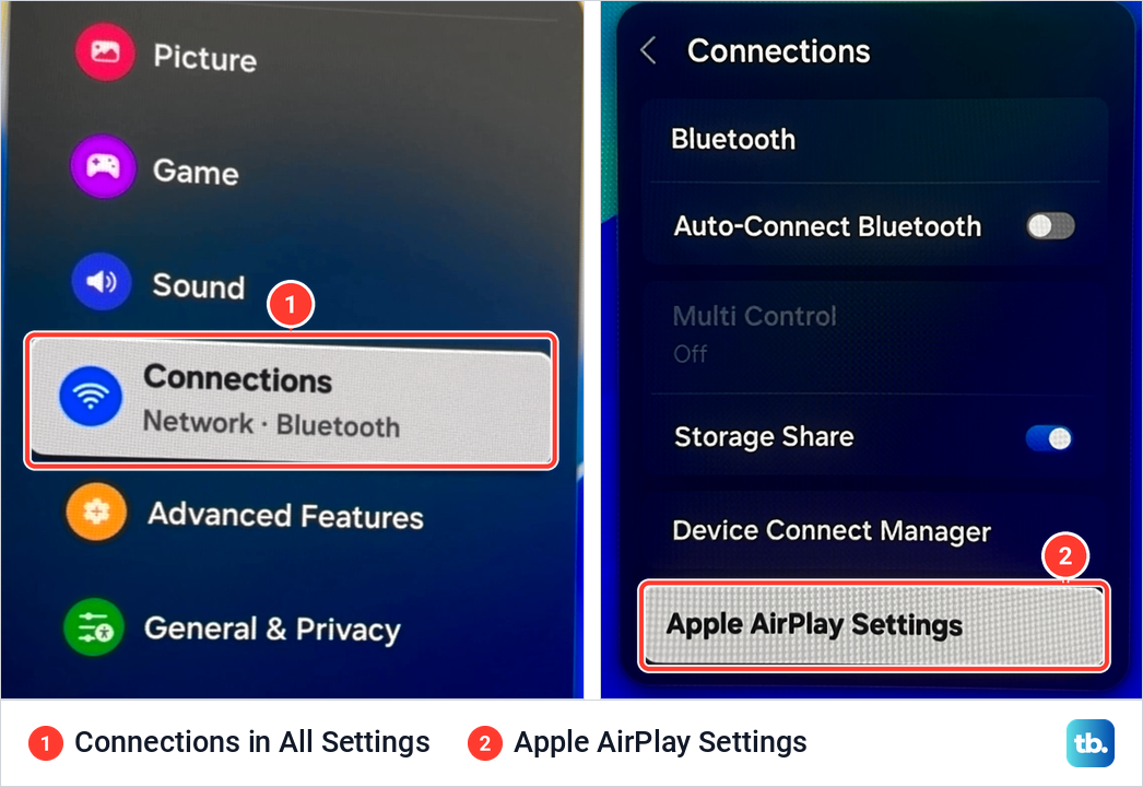 Samsung Odyssey G9 smart monitor menus showing Connections in All Settings and the Apple AirPlay Settings entry.
