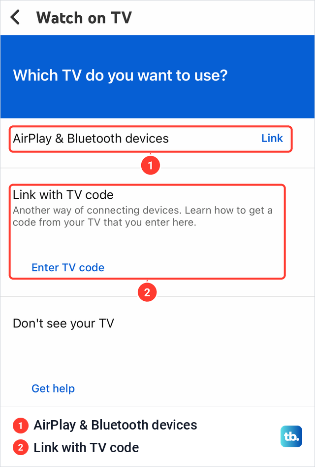 YouTube Watch on TV page on iPhone offering AirPlay and Bluetooth devices or Link with TV code.
