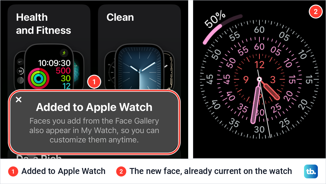 The Added to Apple Watch message on the iPhone next to the watch already showing the new Exactograph face.
