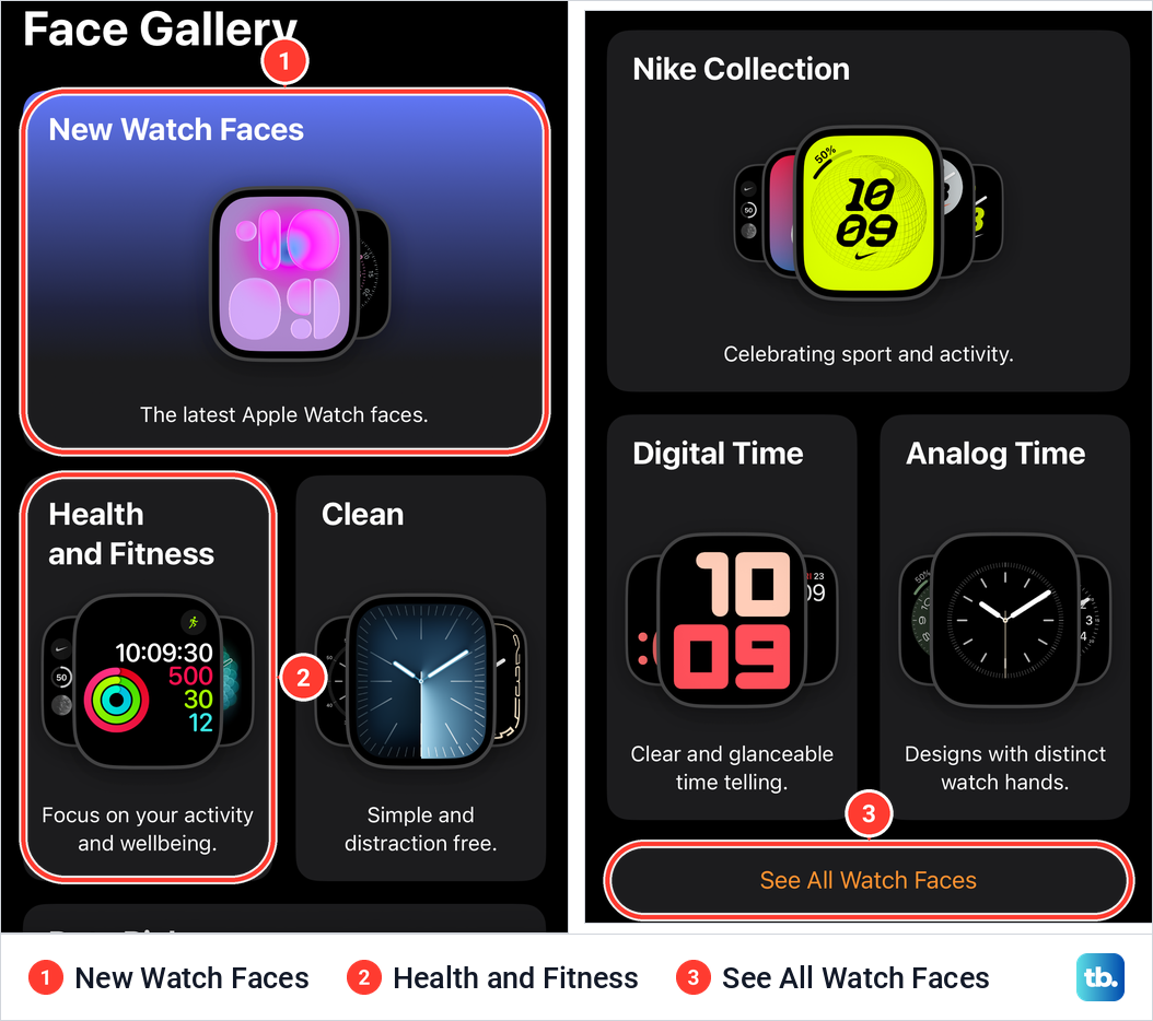 The Face Gallery in the iPhone Watch app with the New Watch Faces and Health and Fitness collections and See All Watch Faces.
