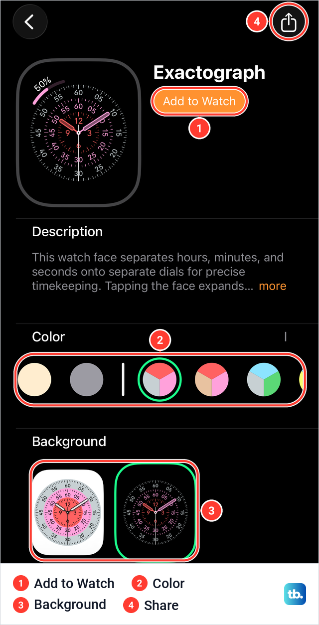 An Exactograph face page in the Face Gallery with Add to Watch, Color, Background and the Share button.
