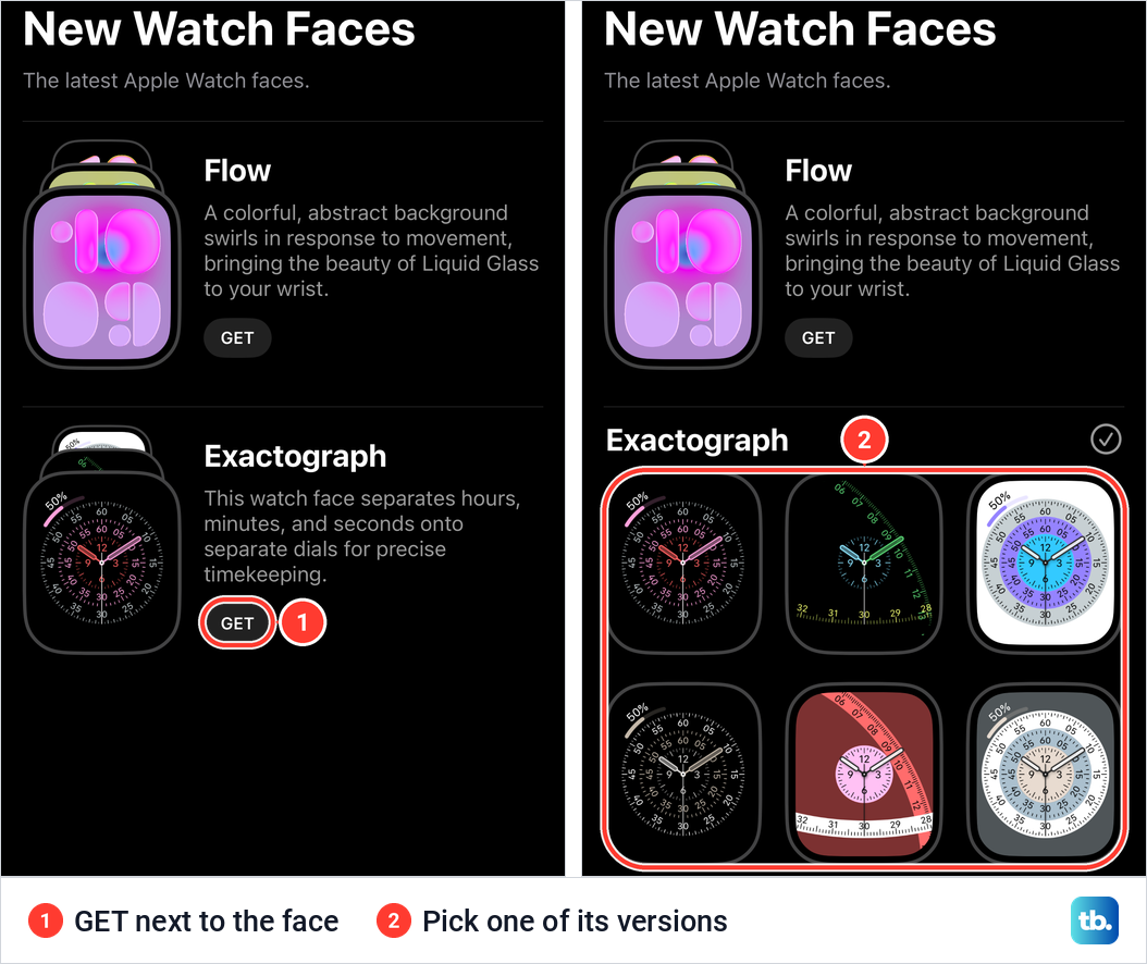 The New Watch Faces collection with the GET button next to Exactograph and the six versions it opened.