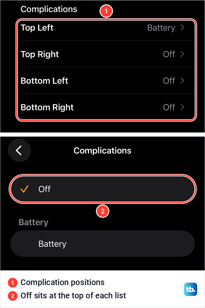 The complication positions Top Left to Bottom Right on a face page and the complication list with Off ticked.