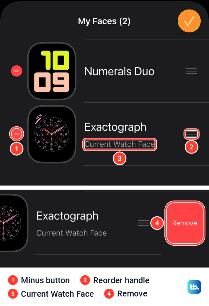 The My Faces edit sheet with minus buttons, reorder handles, the Current Watch Face label and the red Remove button.