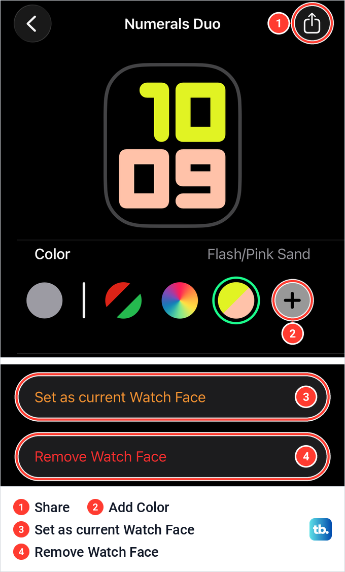 A face page under My Faces with the Share button, Add Color, Set as current Watch Face and Remove Watch Face.