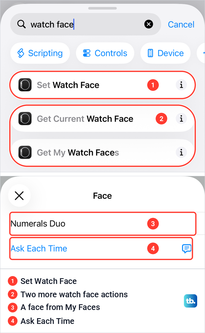 The Shortcuts action search showing Set Watch Face and its Face picker with Numerals Duo and Ask Each Time.