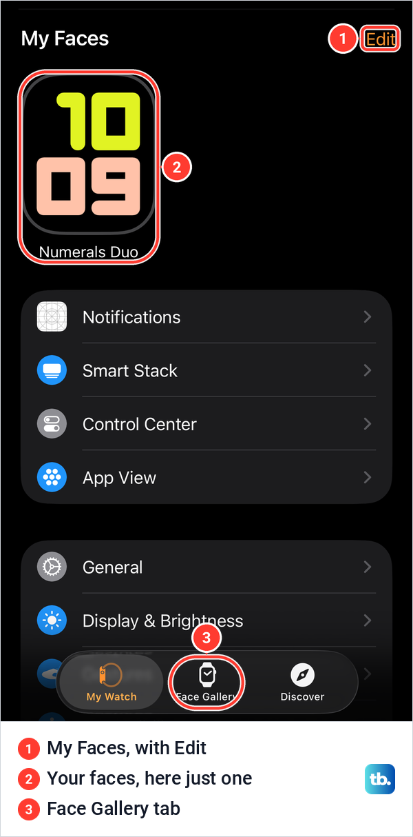 The iPhone Watch app on the My Watch tab with the My Faces row, its Edit button and the Face Gallery tab.