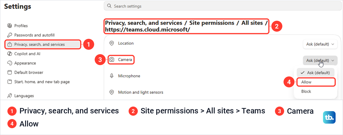 Microsoft Edge site permissions page for Teams with the Camera list showing Ask, Allow and Block.