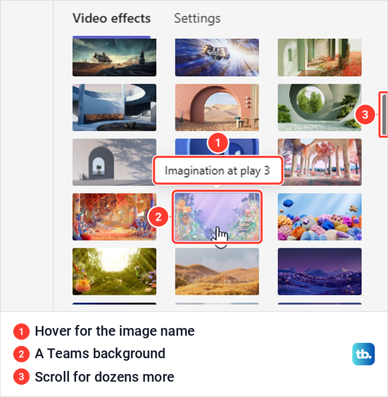 Teams background image gallery scrolled down with a tile name shown on hover.