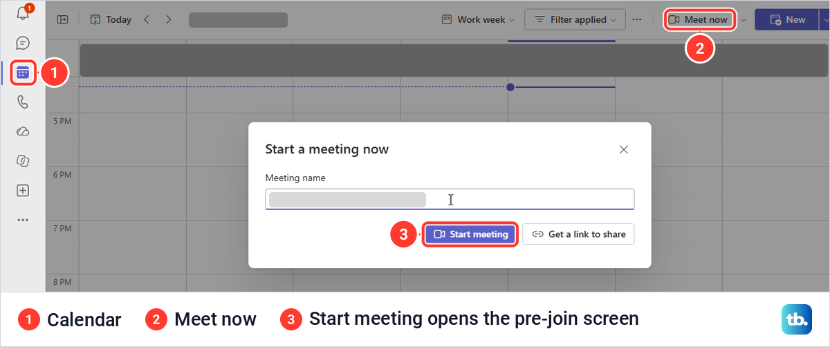Teams calendar with the Start a meeting now box opened from the Meet now button.
