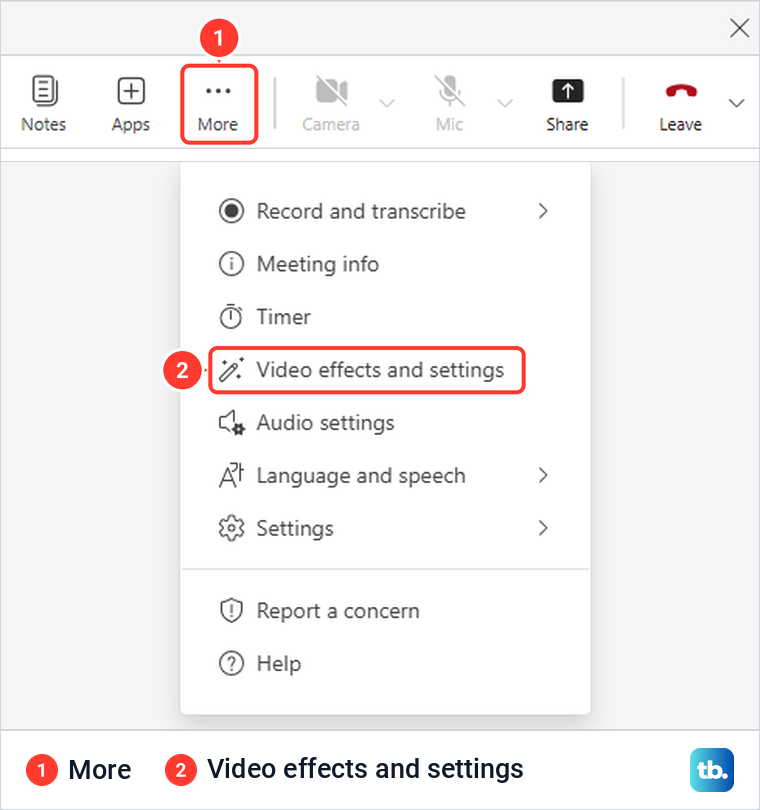 Teams for the web meeting toolbar with the More menu open on Video effects and settings.