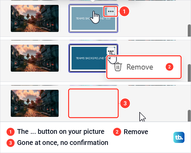 Teams uploaded background tile with its menu open on Remove, then the gallery without it.