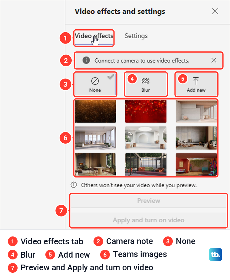 Teams Video effects pane listing None, Blur, Add new and background images with greyed buttons.