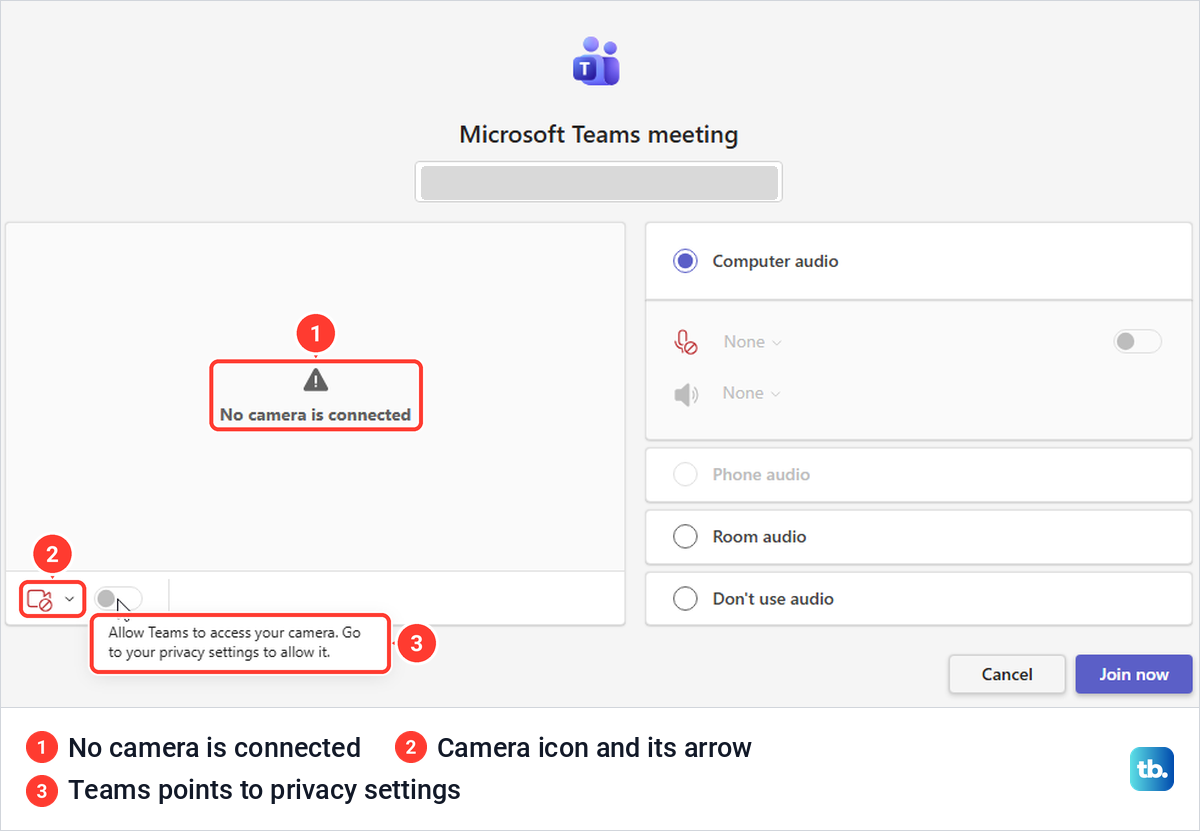 Teams for the web pre-join screen saying No camera is connected with no effects button.