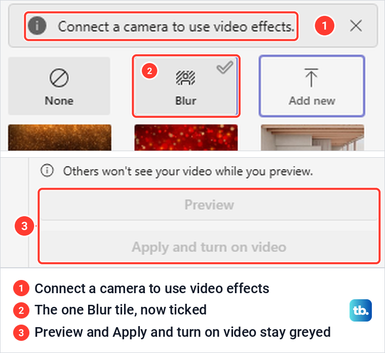 Teams for the web Blur tile selected with a check mark while Preview stays greyed.