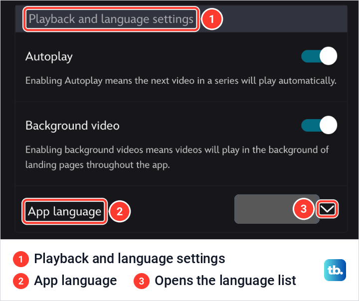 Disney Plus Playback and language settings card with Autoplay, Background video and the App language row.