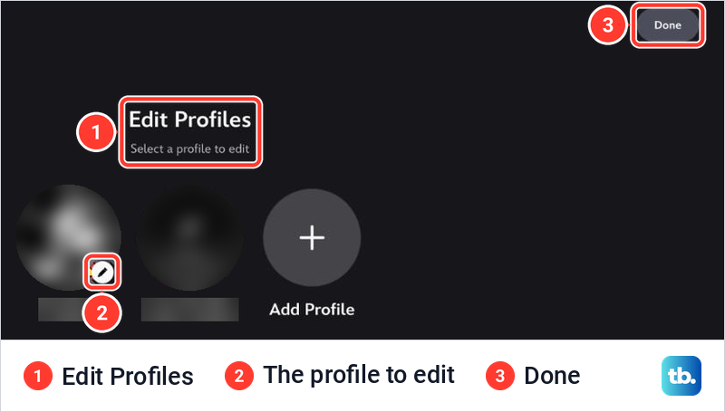 Disney Plus Edit Profiles page asking you to select a profile to edit, with Done at the top right.
