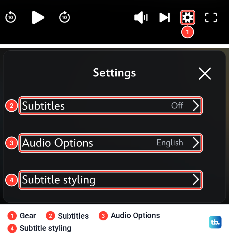 Disney Plus web player control bar with the gear, above the Settings panel with Subtitles, Audio Options and Subtitle styling.
