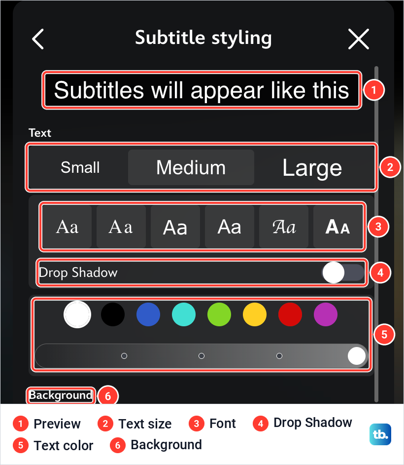 Disney Plus web player Subtitle styling panel with a preview line, text sizes, font samples and a Drop Shadow switch.