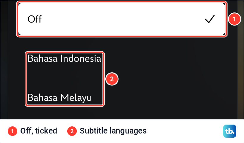 Disney Plus web player Subtitles list with Off as the first entry, ticked.