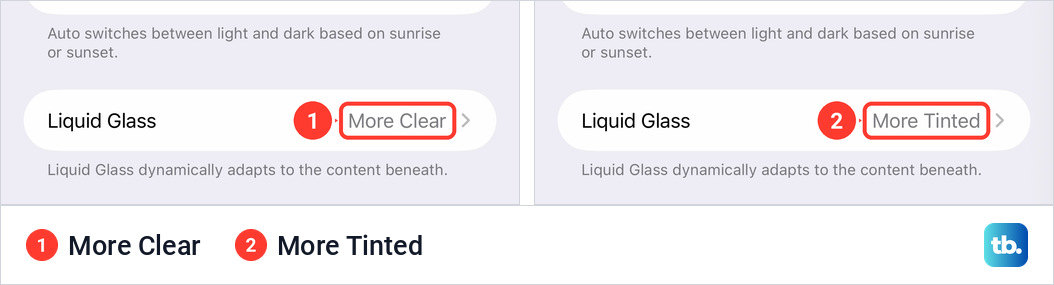 The Liquid Glass row on the iPhone Appearance screen, reading More Clear in one crop and More Tinted in the other