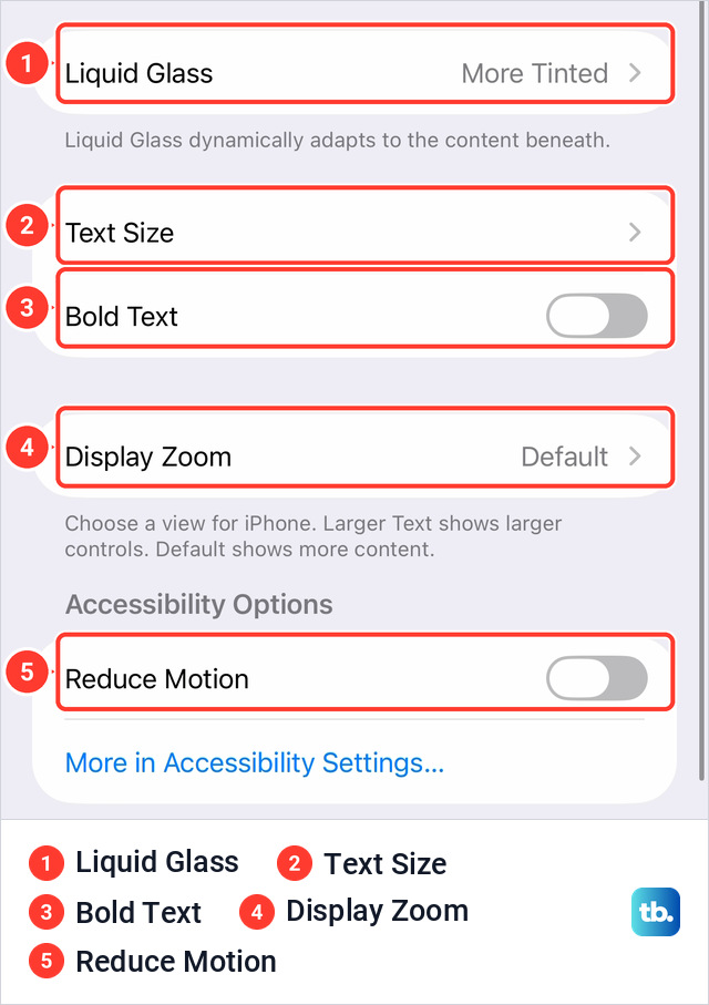 iPhone Appearance settings with the Liquid Glass row reading More Tinted, then Text Size, Bold Text, Display Zoom and a Reduce Motion switch