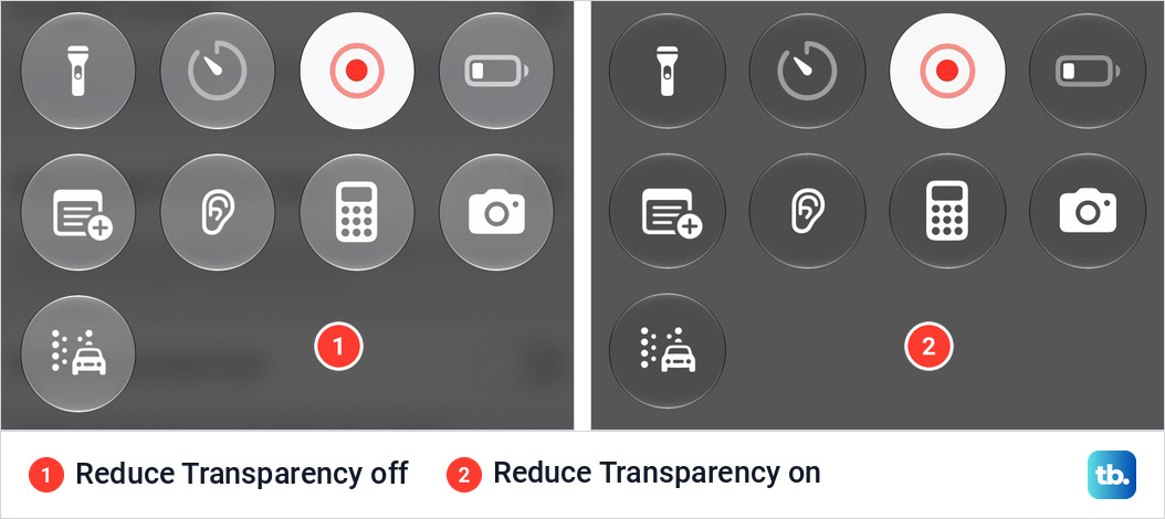 Round controls in iPhone Control Center shown twice, as glass with Reduce Transparency off and as flat dark circles with it on