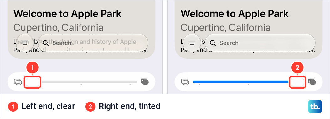 Two crops of the Liquid Glass preview in iPhone Settings, with the slider at the left end and at the right end