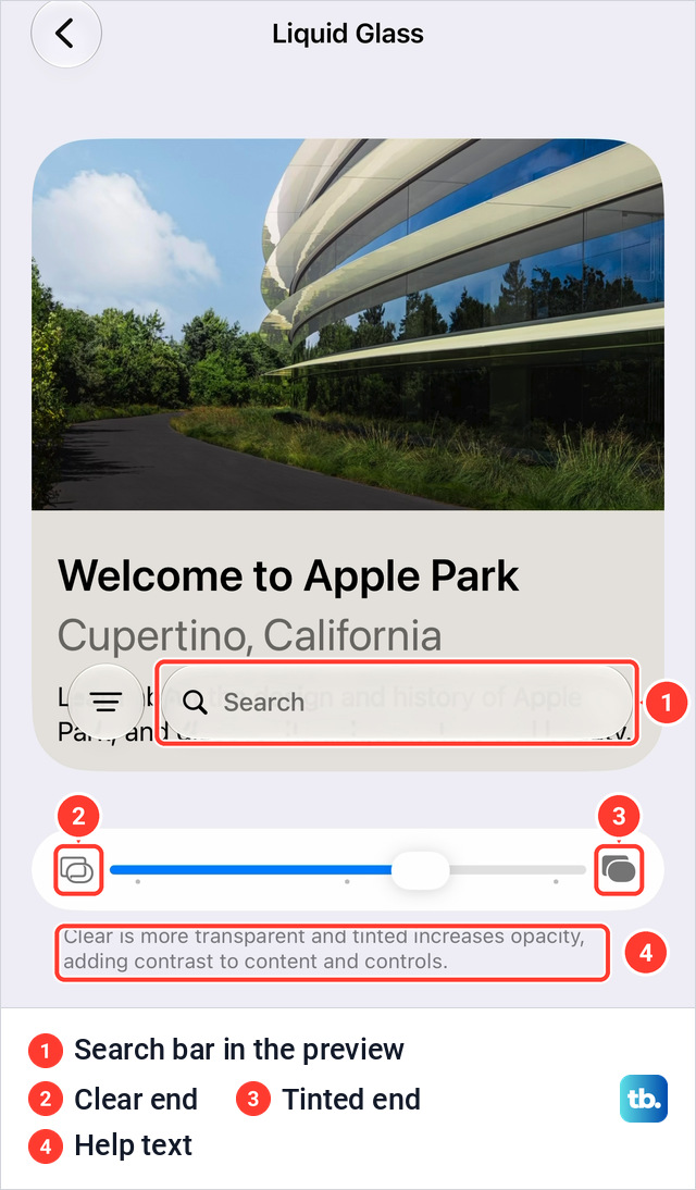 Liquid Glass settings screen on iPhone with a preview card, a search bar drawn over it, the slider and the help text marked