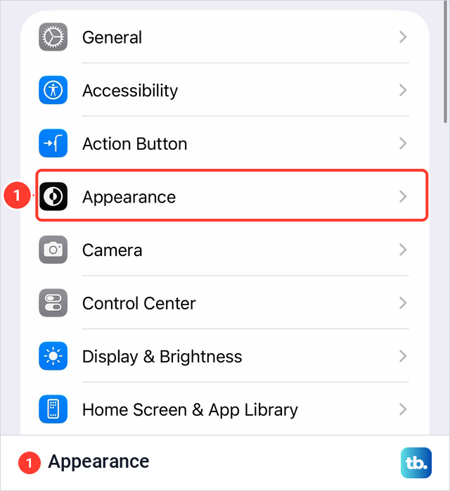iPhone Settings list with the Appearance row marked, between Action Button and Camera