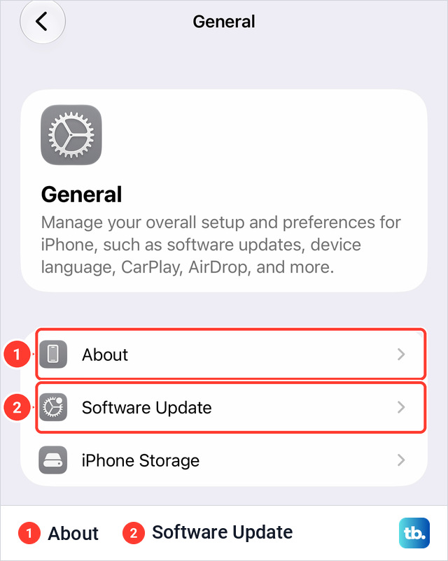 iPhone General settings with the About and Software Update rows marked