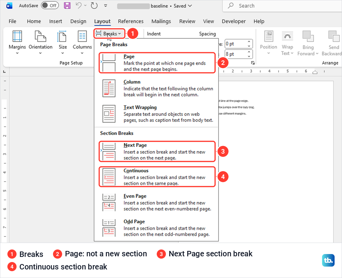 Word Layout tab Breaks menu listing Page, Column, Next Page, Continuous, Even Page and Odd Page breaks.
