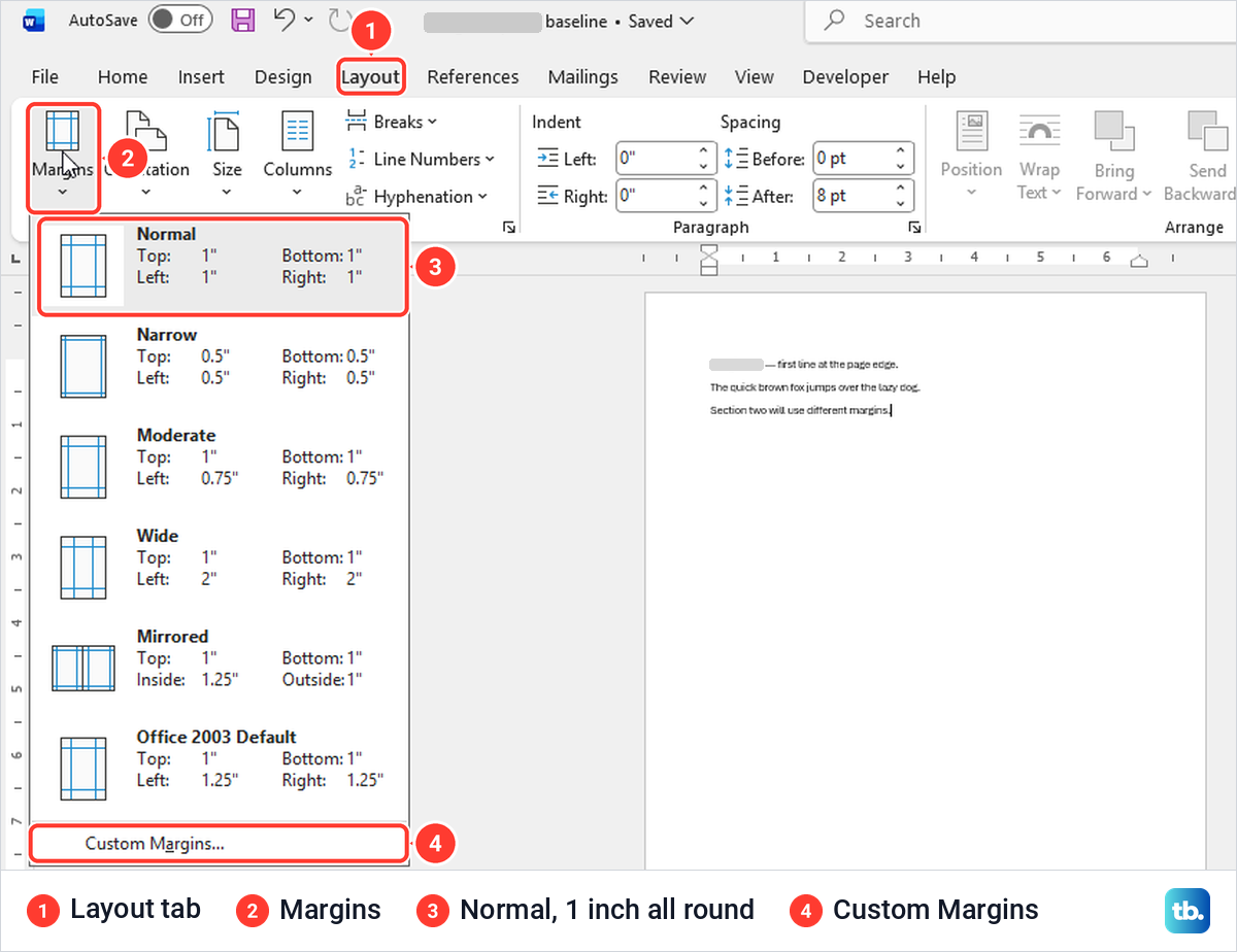 Word Layout tab with the Margins list open, showing Normal, Narrow, Moderate, Wide and Mirrored presets.