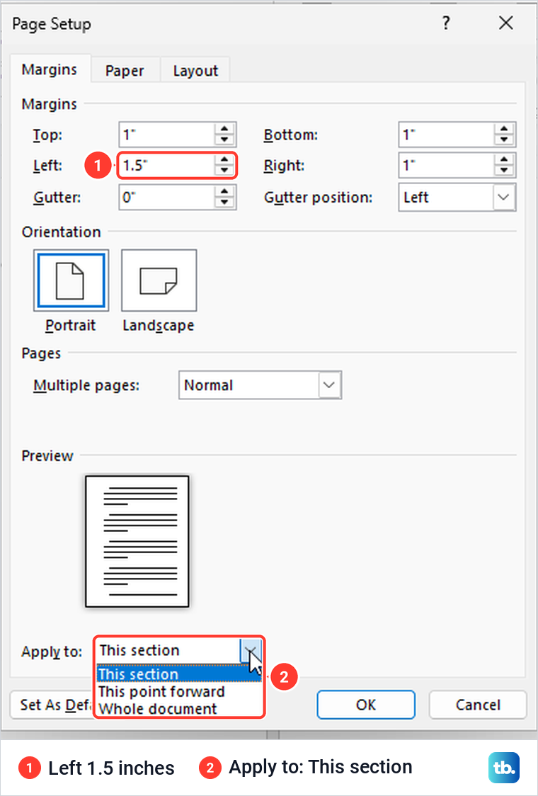 Word Page Setup with Left set to 1.5 inches and the Apply to list showing This section selected.