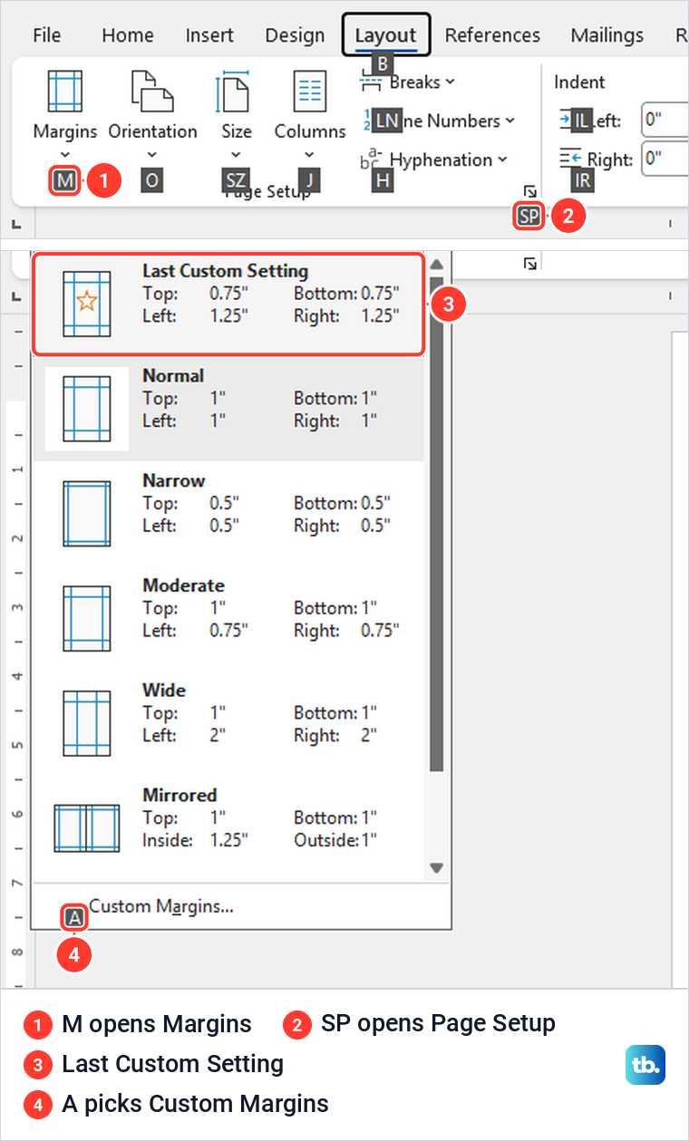 Word ribbon KeyTips on the Layout tab and the Margins list with Last Custom Setting at the top.