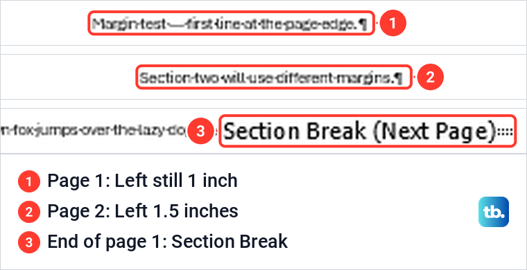 Three strips: the first lines of Word pages 1 and 2 cropped at their left edges, and the Section Break (Next Page) marker.